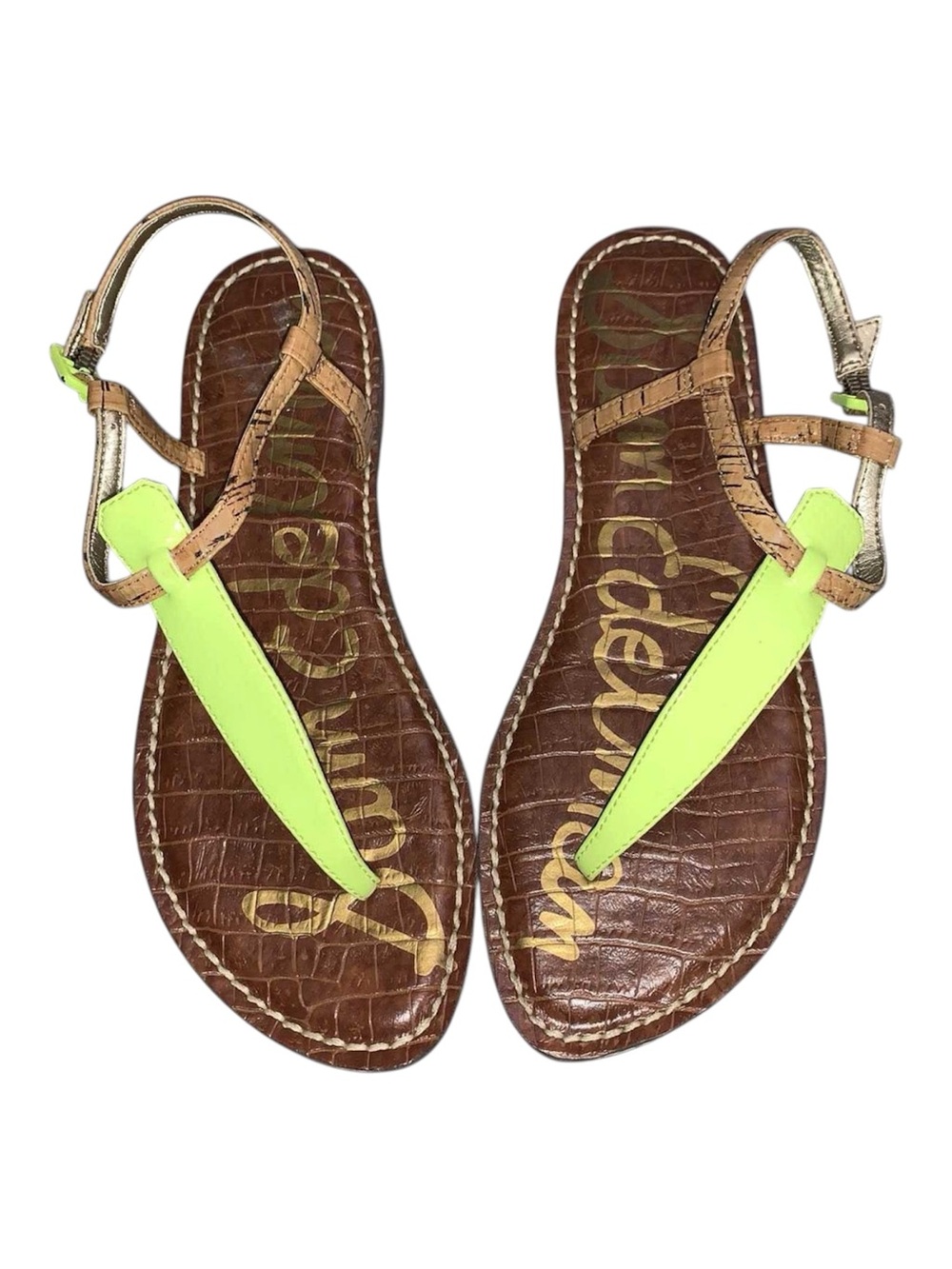 Sam Edelman Brown Faux-Croc Sandals with Neon Green T-Strap